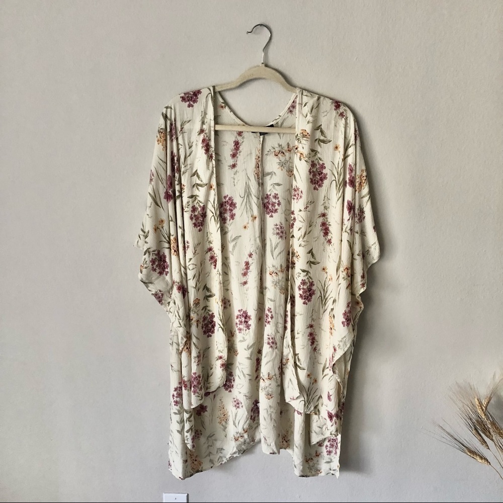 American Eagle Outfitters Cream Floral Open-Front Kimono